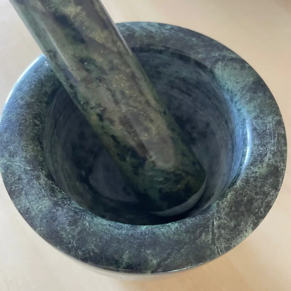 Vintage Natural Green Marble Mortar & Pestle Spice Herb FootedGrinder